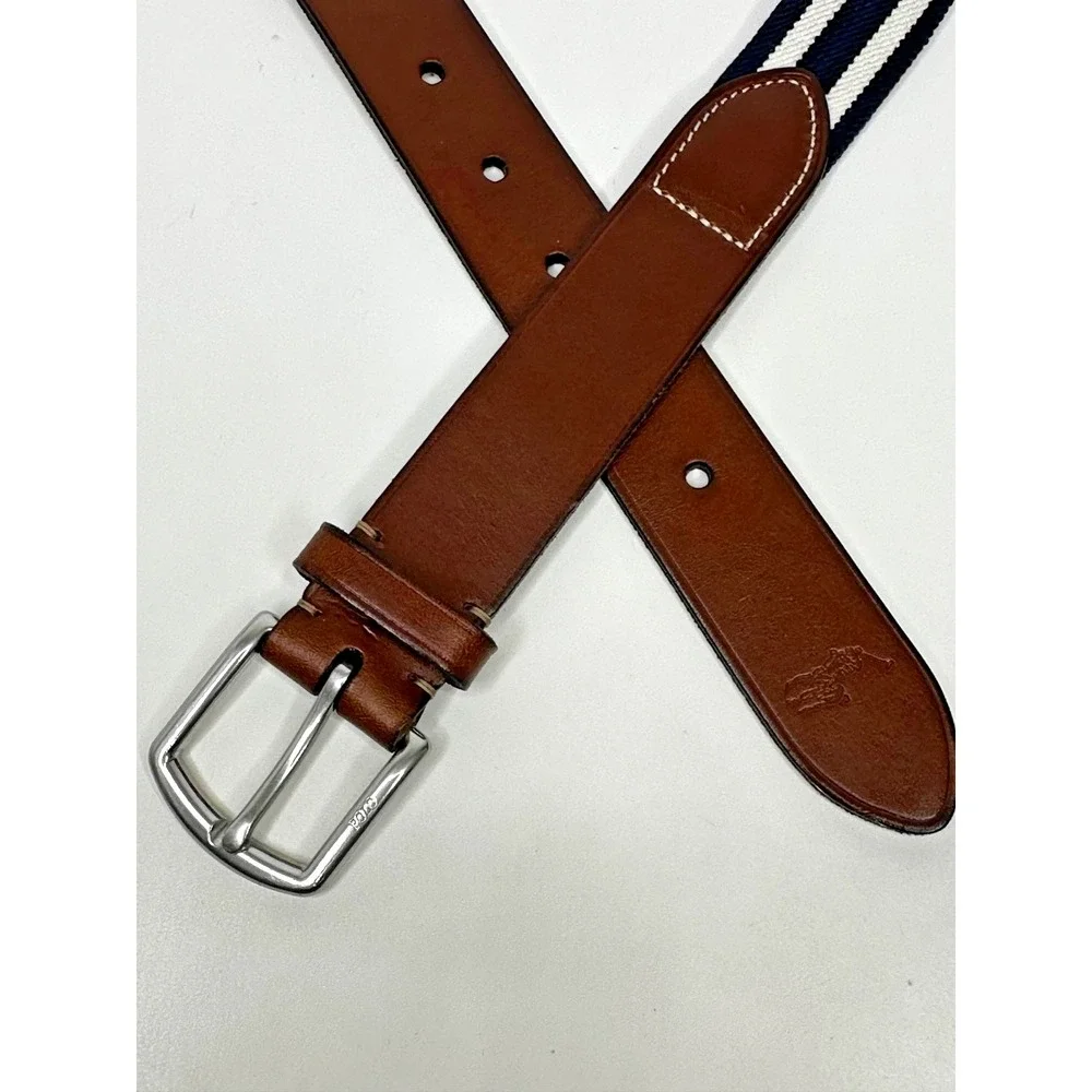 Polo Ralph Lauren Belt Sz 36 Blue White Striped Brown Leather Horse Preppy